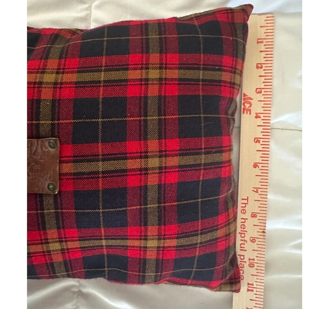Will‎ Leather Goods Tartan Plaid Throw Pillow 15x11 Leather Patch Red Huckberry